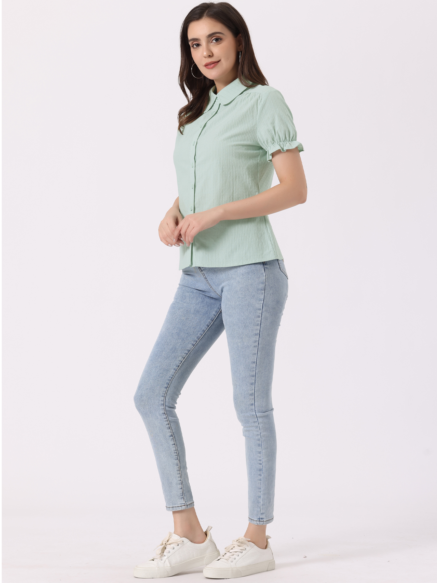 DARING DIVA Women's Cotton Frilled Peter Pan Collar Blouse M Light Green
