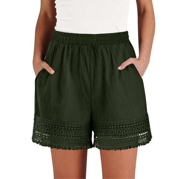 Plus Size Casual Shorts for Womens Summer Fashion Solid Color Cotton and Linen Lace Casual Elastic Waist Belt Home Comfortable Pocket Beach Shorts