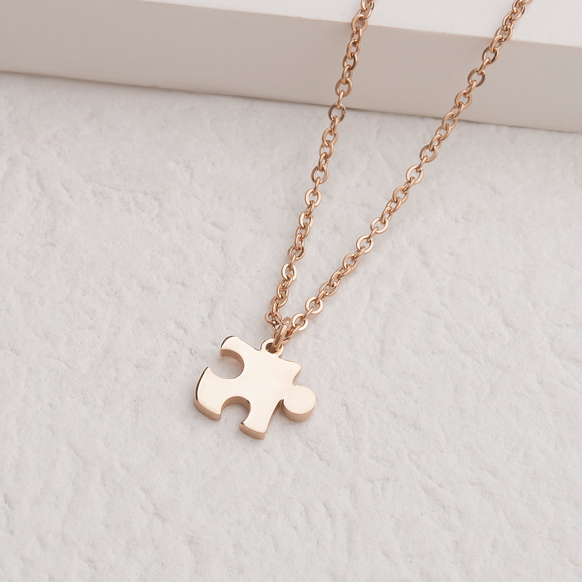 Anavia Tiny Puzzle Piece Couple Necklace - Anniversary Gift for Boyfriend - Best Friends BFF Gift - Stainless Steel Jewelry with Gift Box - [Rose Gold, Cable Chain for Women]