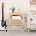 thumbnail image 5 of LELELINKY Mid Century Nightstand with Rattan Accents, Bedside Table with Drawer and Open Shelf, Solid Wood Legs, Wood, 5 of 7
