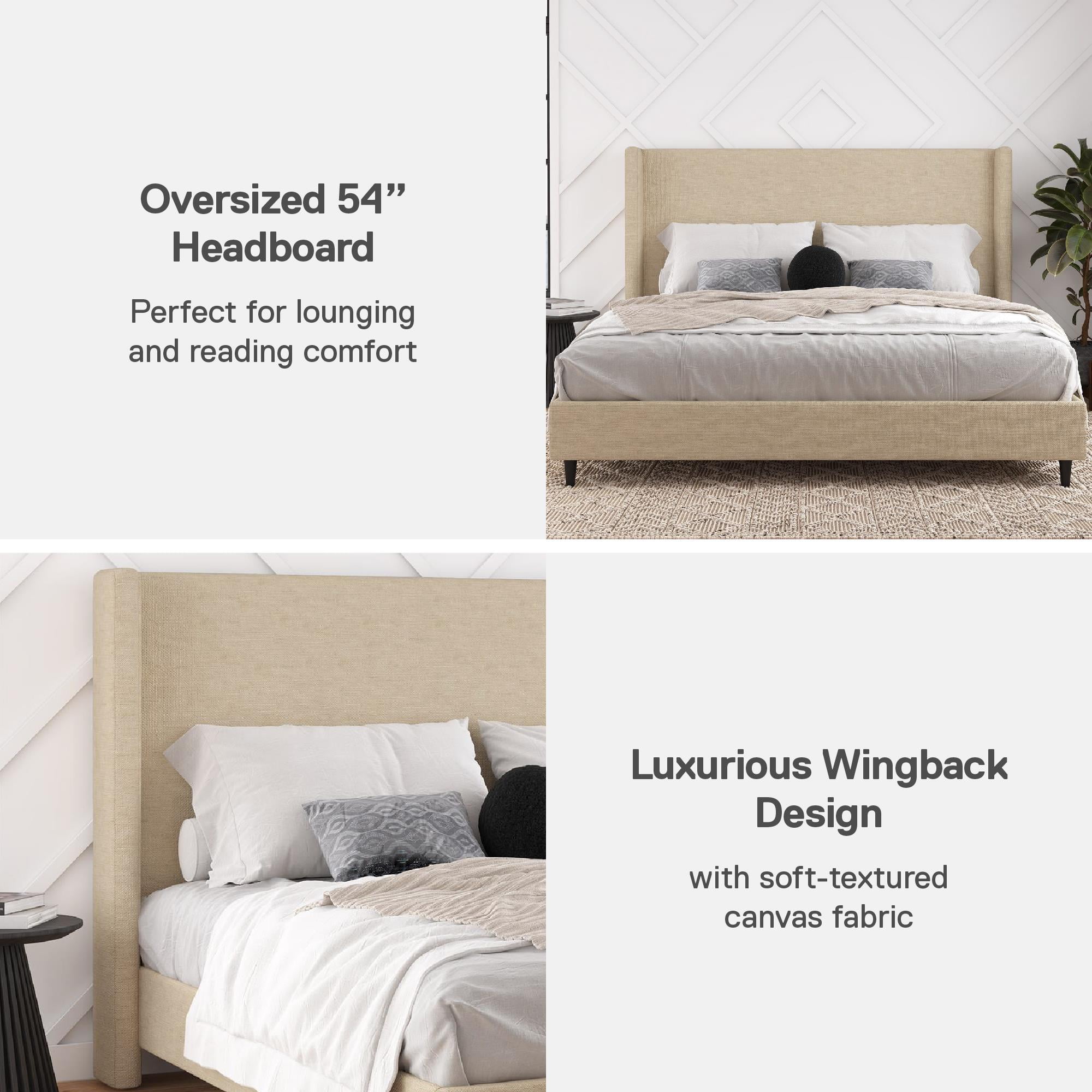 DHP Eveline Upholstered Platform Bed Frame with High Wingback Headboard, King, Textured Beige Canvas