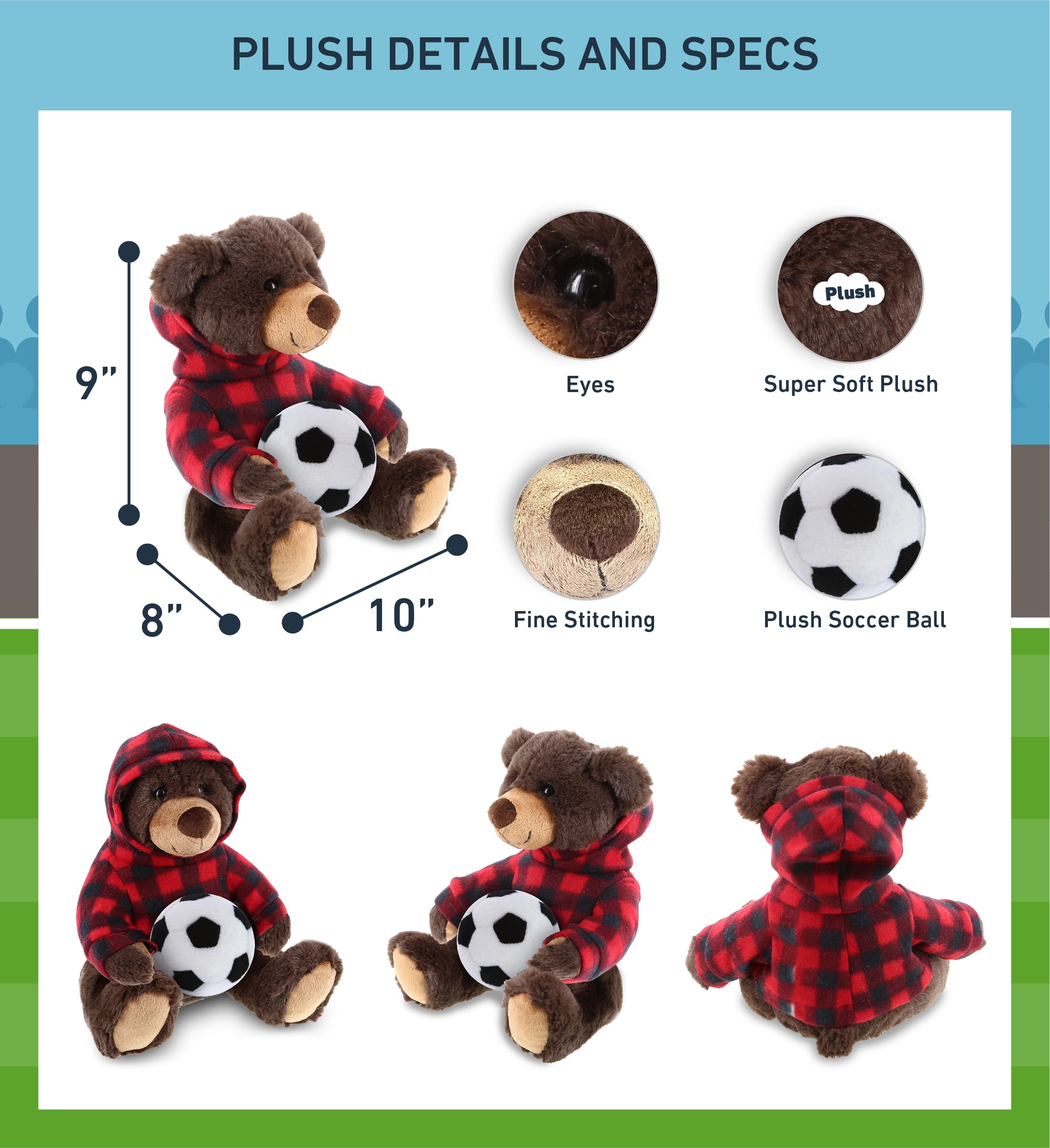 DolliBu Brown Bear Stuffed Animal with Soccer Ball Plush and Red Plaid Hoodie - Super Soft Grizzly Bear Plush Toy, Cute Teddy Bear Gift, Super Soft Plush Doll Animal Toy for Kids and Adults - 10 Inch