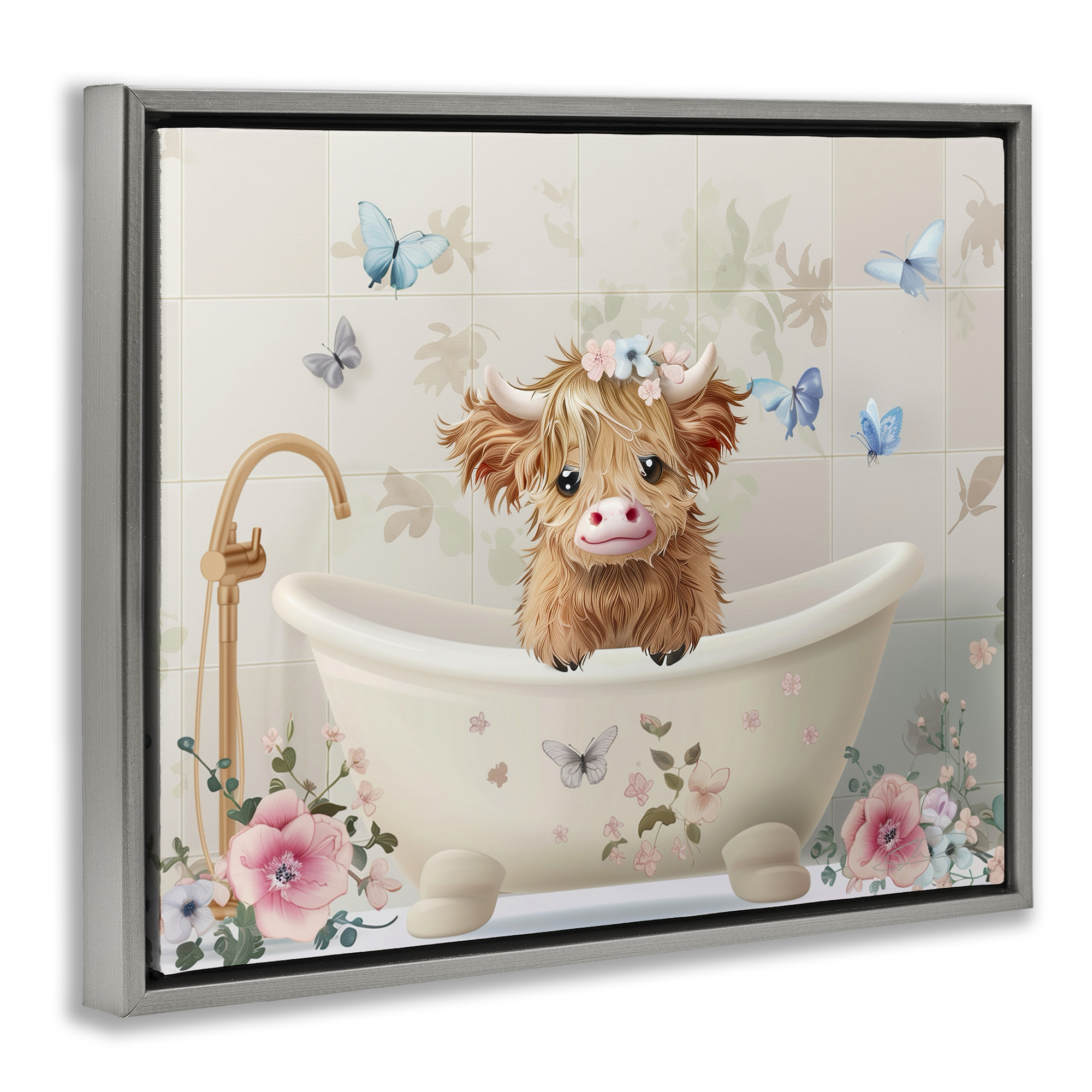 Baby Cattle in Floral Tub Gray Framed Floater Canvas Wall Art, design by Shawna Stewart