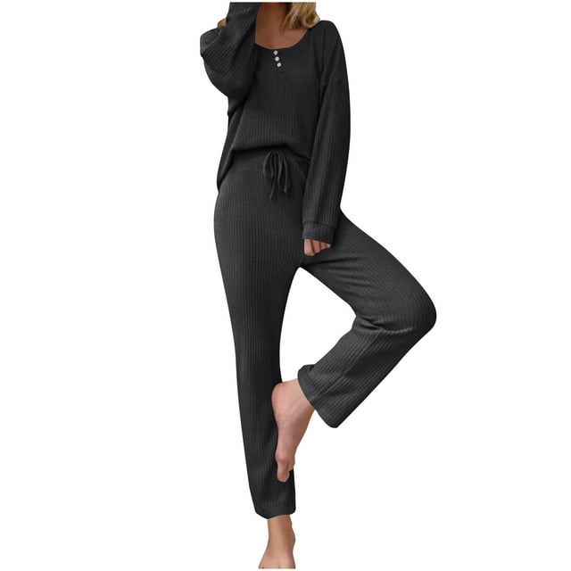 Timegard Lounge Sets for Women Long Sleeve Button Tops Straight Leg Pants Fall Solid Color Comfy Outfits