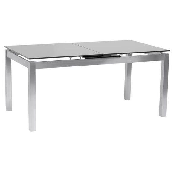 Armen Living Ivan Extension Dining Table with Brushed Stainless Steel and Gray Tempered Glass Top