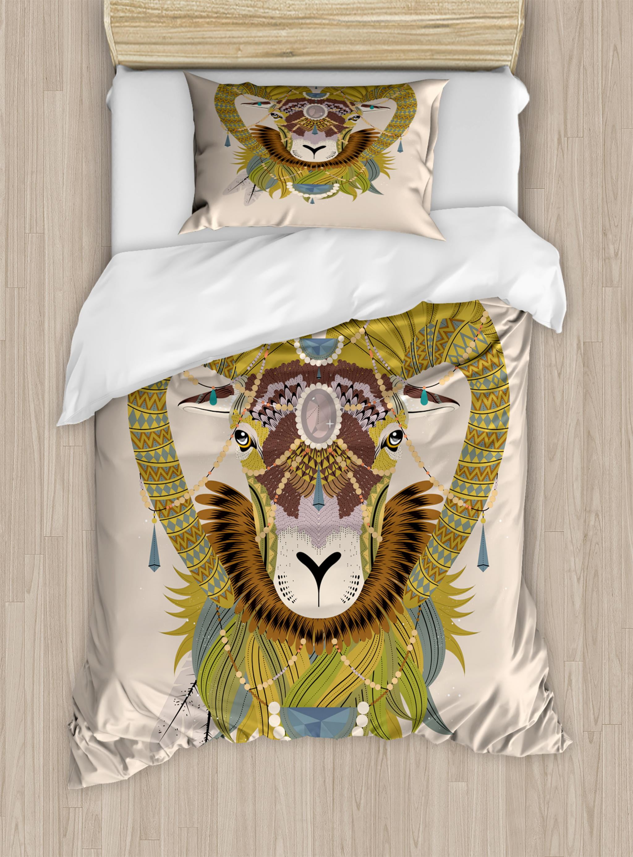 Goat Duvet Cover Set Sumptuous Head With Bighorn Abstract Goat Duvet Cover Set Sumptuous Head With Bighorn Abstract Artistic Animal Figure Ethnic Tribal Design Decorative Bedding Pillow Shams