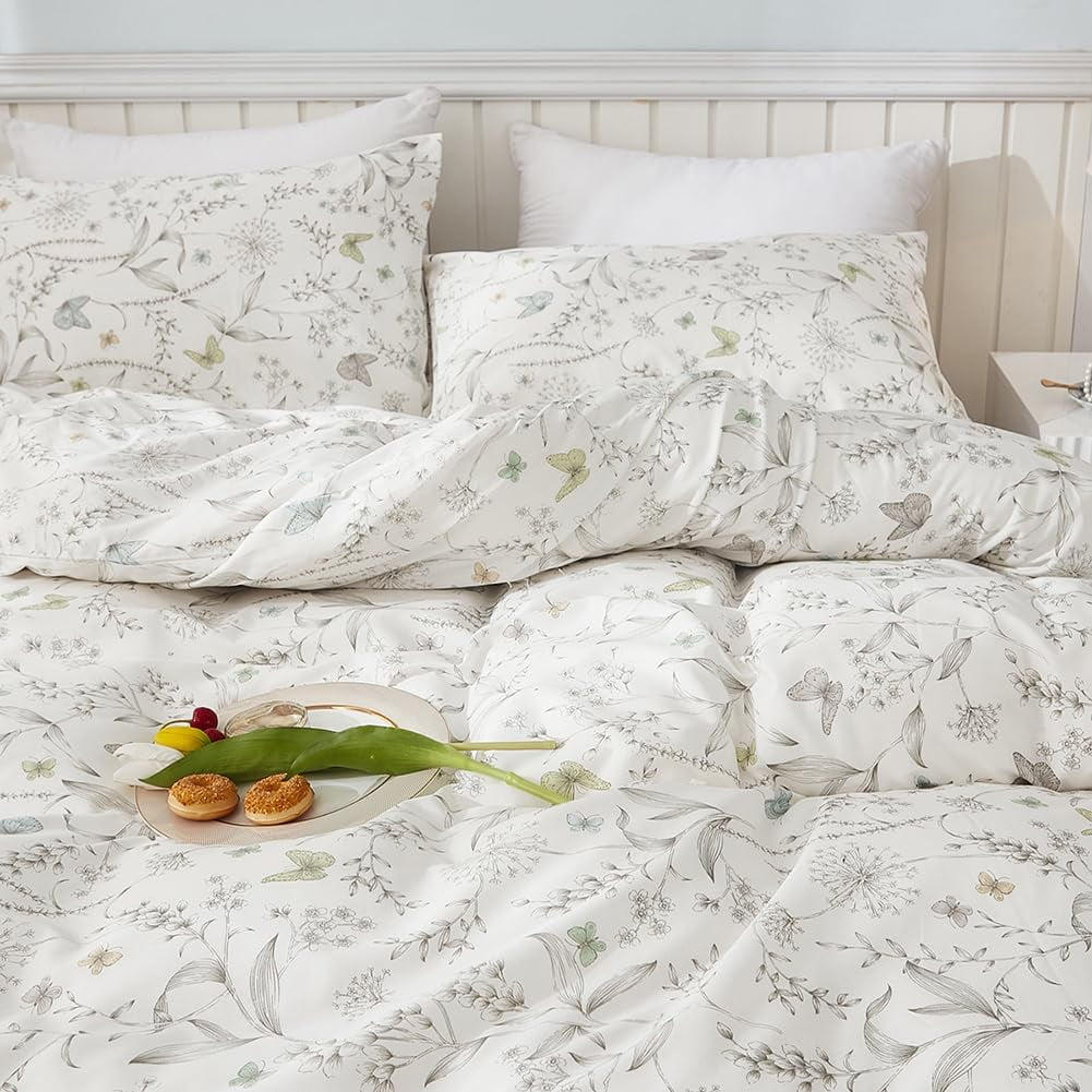 JOLUSERE 100% Cotton Duvet Cover White Floral Duvet Cover Set with Colorful Butterfly Pattern Queen Size,Pearl White