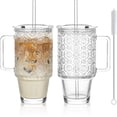 thumbnail image 1 of Vasos de vidrio acanalado de 24 onzas con tapas y popotes, vaso de vidrio con asa, juego de 2 tazas de café helado de vidrio reutilizables con tapa y pajita para batidos, té, jugo, taza, 1 of 4