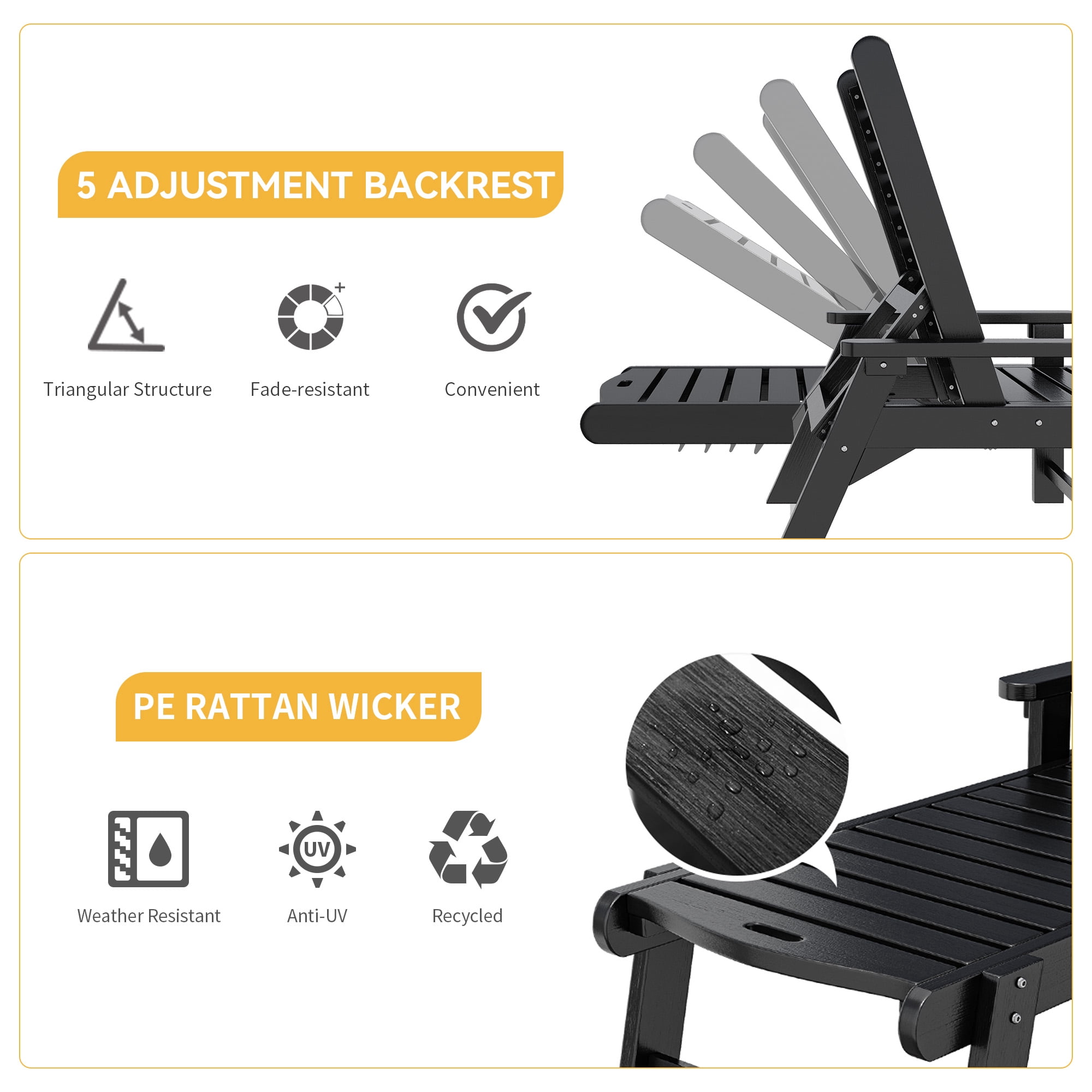 Uforic Outdoor Chaise Lounge Chair Set of 4 with Adjustable Backrest, Heavy Duty Resin Patio Lounger with Wide Armrest and 350lbs Capacity for Outside Poolside Beach Backyard, Waterproof, Black