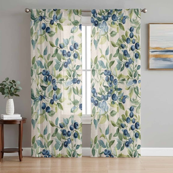Blueberrys Leaves Sheer Curtains 72 Inch Length 2 Panels Set, Farmhouse Retro Botanical Plants Voile Window Treatment Rod Pocket Curtains Sheers Drapes for Bedroom/Living Room/Kitchen 52"x72"x2