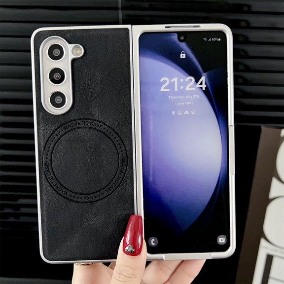 SaniMore for Samsung Galaxy Z Fold 3 Case, PU Leather with Hinge Protection, Wireless Charing Shockproof TPU Bumper for Girls Men Slim Anti-drop Magnetic Car Mount for Samsung Z Fold 3, Black