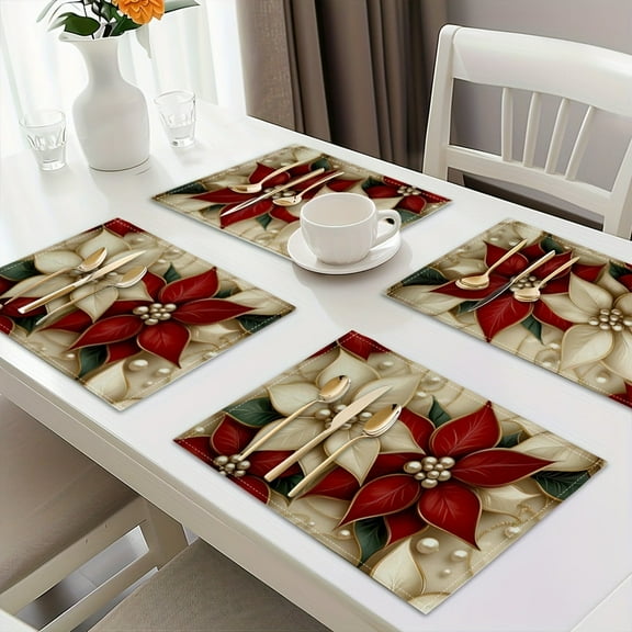 4pcs Poinsettia Print Placemats, Table Mats Durable Washable Rustic Linen Vintage Placemats for Home Dinner Party Camping Wedding Table Decoration 12 x 18 Inch