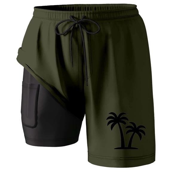 ibiyuan Men Swim Trunks Board Shorts with Compression Liner Quickdry Mens Bathing Suit 2 In 1 Bathing Shorts Pockets Breathable Funny Print Beach Swimsuit Swimwear,G-Dark Green