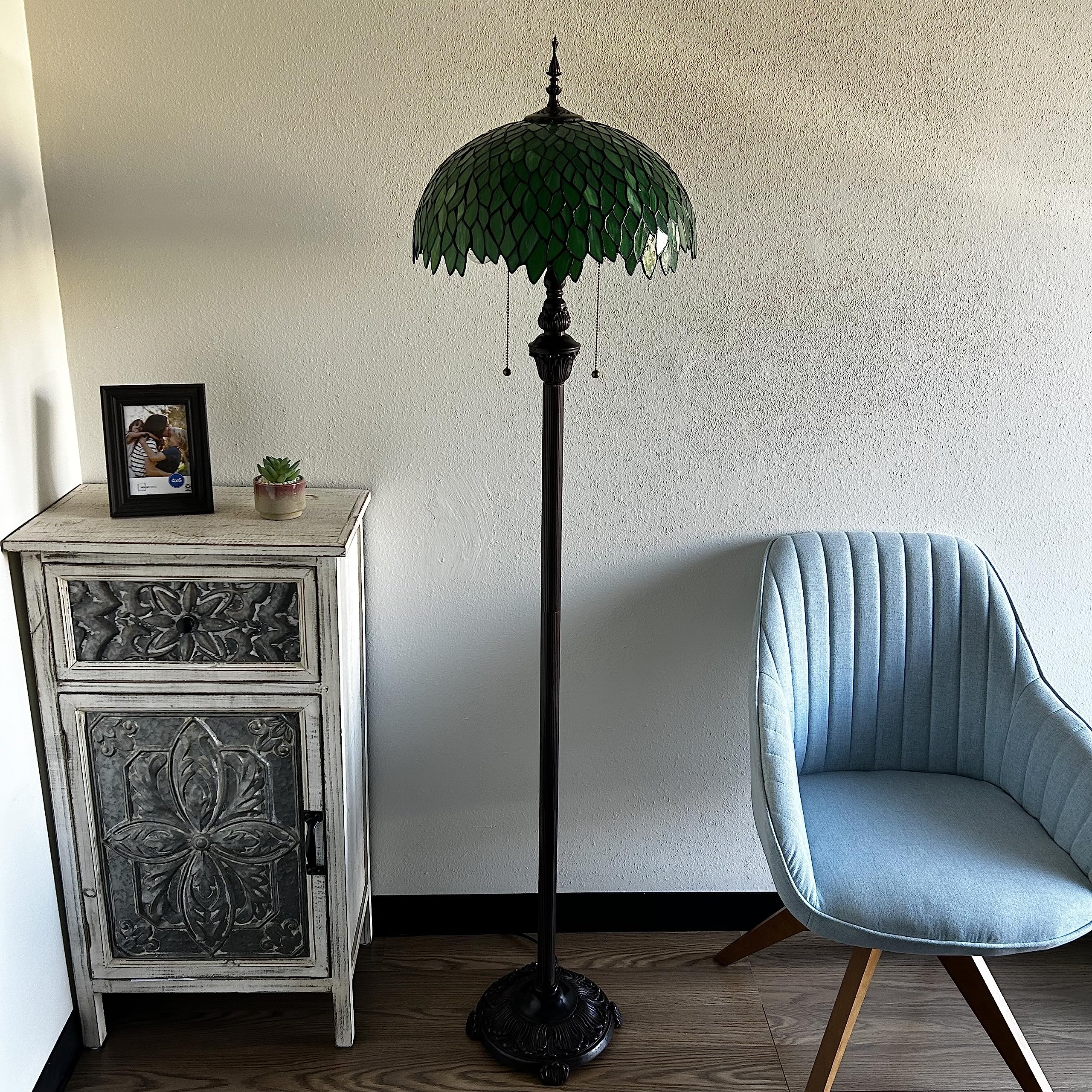 Tiffany Floor Lamp Green Leaves Stained Glass Metal Base LED Bulbs Included for Living Room Bedroom 16"W*16"D*64"H