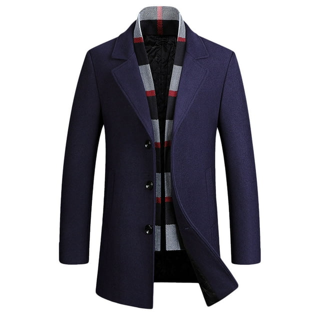 Lovzfmll Men's Wool Overcoat Mid-Length Button Front Notched Lapel Scarf Pockets Navy, 2XL