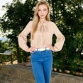 thumbnail image 2 of Women's Long Sleeve Pleated Blouse with Lace Detail and Tie Neck - Large, Beige, 2 of 7