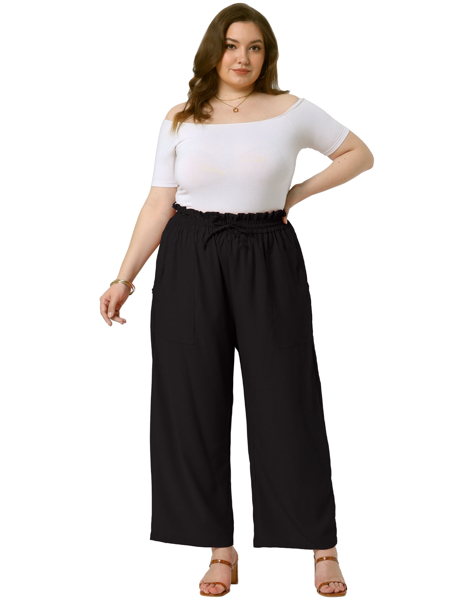 DARING DIVA Women's Plus Casual High Waisted Lounge Pants with Pockets 2X Dark Black