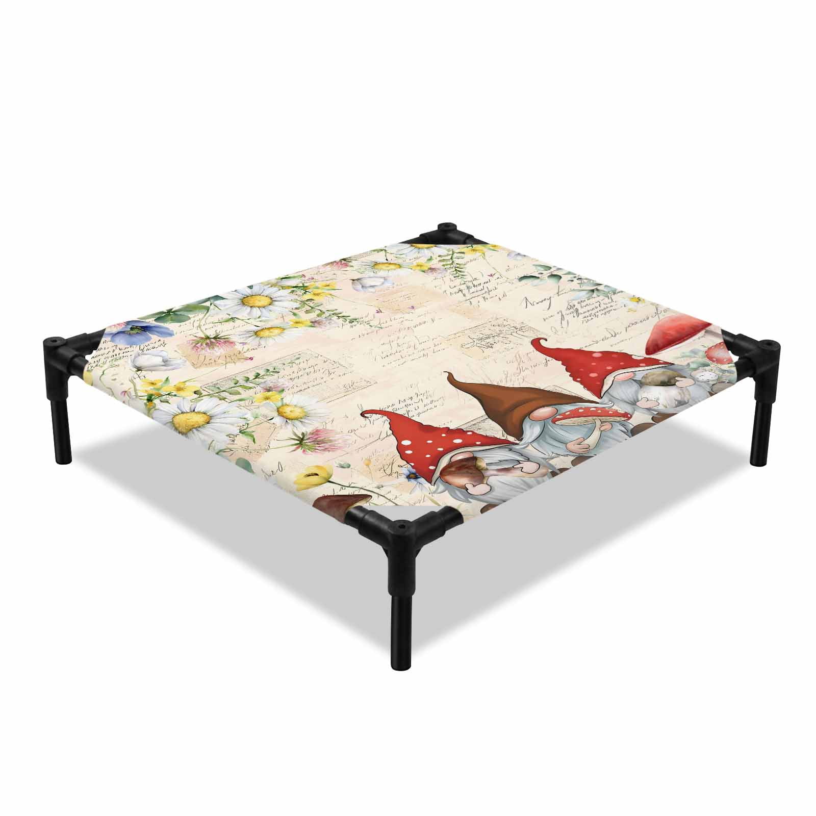 Farm Mushrooms Gnomes Elevated Dog Bed Spring Dasiy Flowers Leaf Retro Beige Cooling Breathable Outdoor Raised Dog Cot Bed with Metal Frame Non-Slip Feet for Small Dog 20x20in