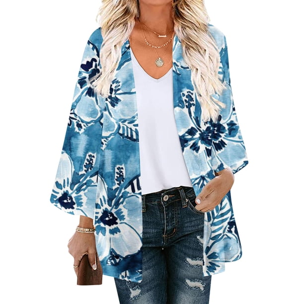 Cárdigan para mujer, estampado floral, manga abullonada, tipo kimono, holgado, de gasa, informal, para cubrirse