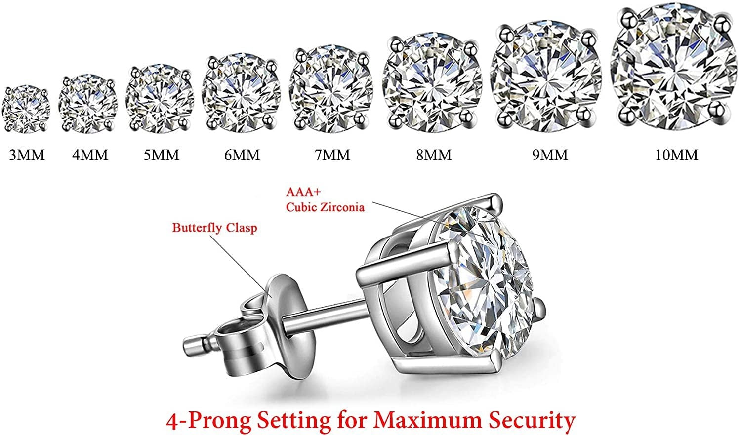 925 Sterling Silver 3mm - 10mm Round Cut Rhodium Plated Unisex Classic Clear Cubic Zirconia CZ Stud Earrings, Giorgio Bergamo 10mm
