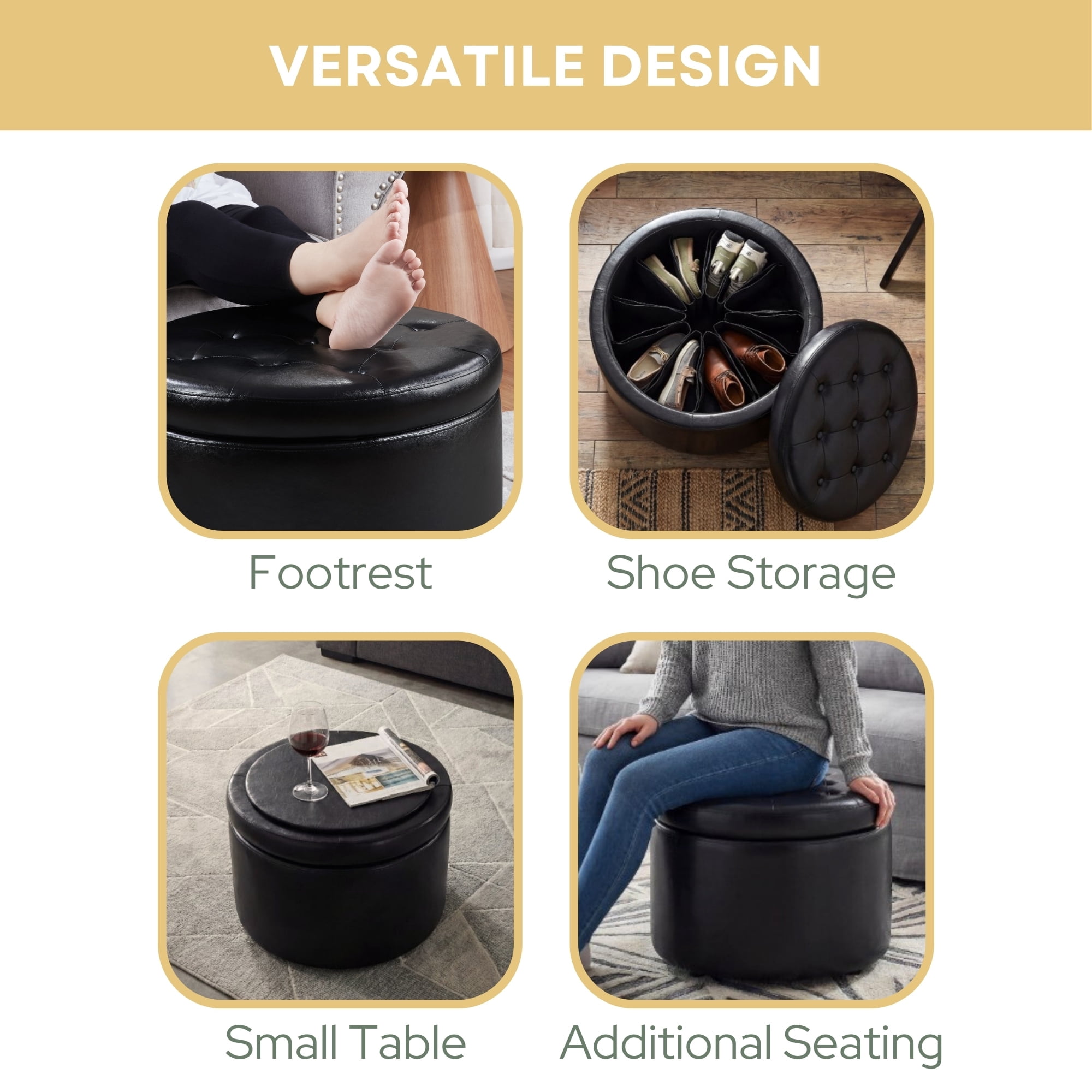 Convenience Concepts Designs4Comfort Round Shoe Storage Ottoman with Reversible Tray Table Lid, Black Vegan Leather