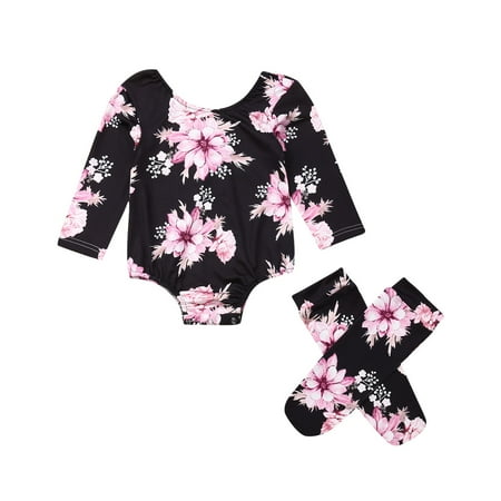 

JBEELATE Baby Girls Romper with Stockings Floral Printed Long Sleeve Round Neck Snap Buttons Romper Over Knee Flowers Stockings