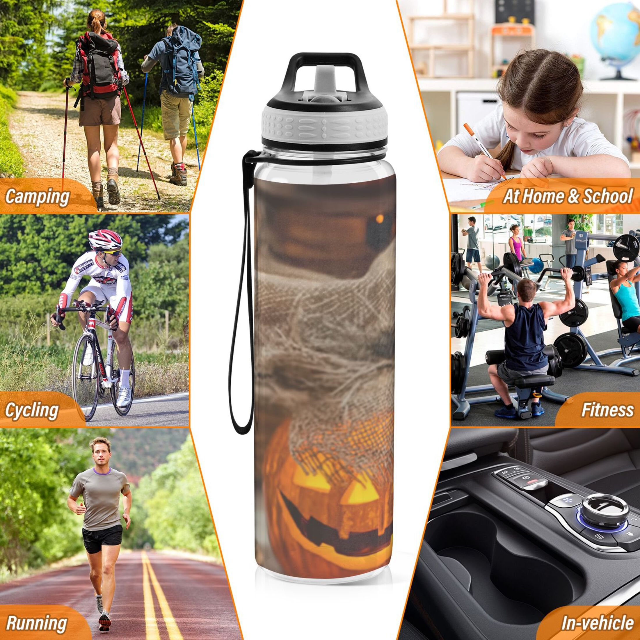 32oz Transparent Sports Water Bottle with Straw for Kids Adults Outdoor School Gym Fitness Pumpkin-shaped Glass Jar