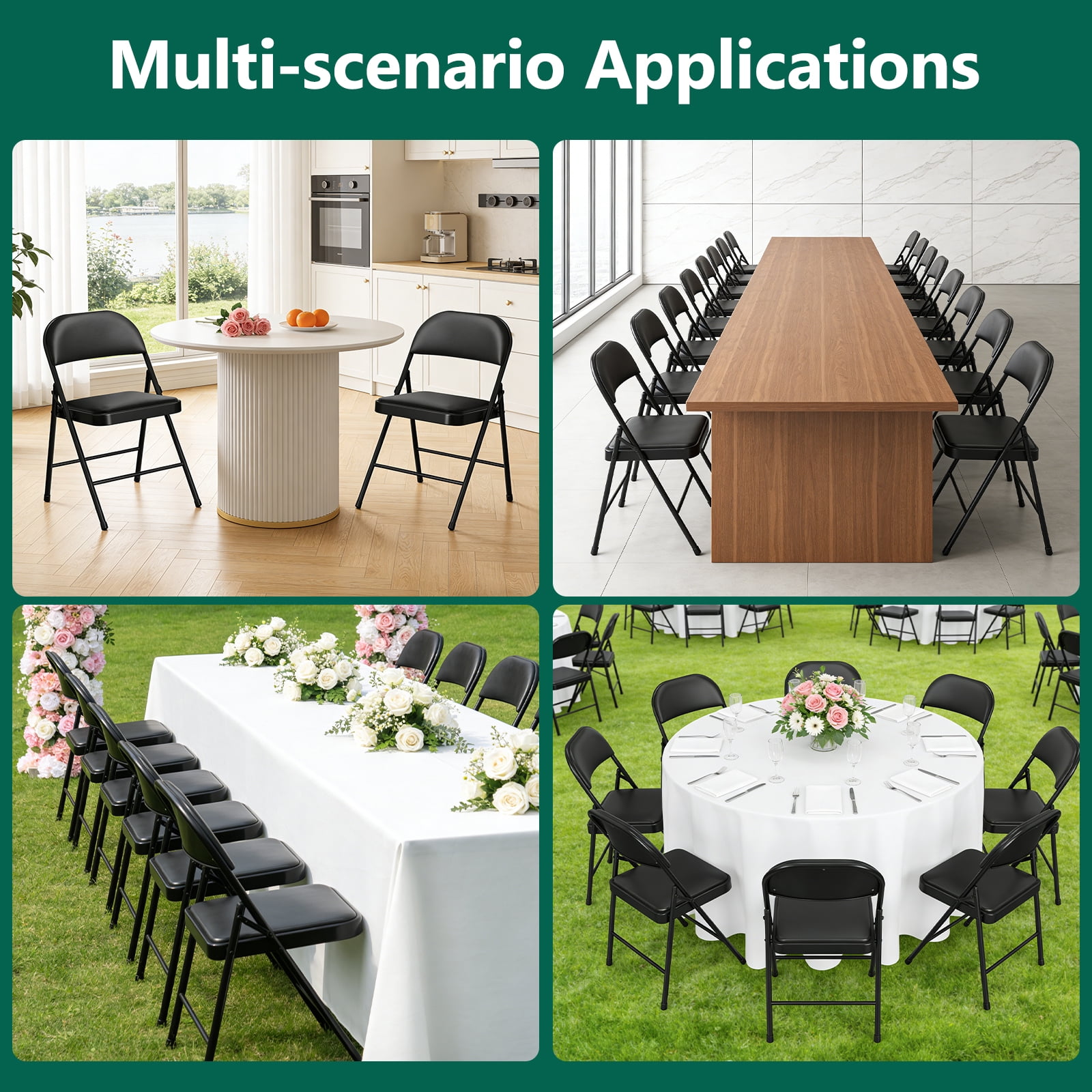 WASUHE 4 Pcs Folding Chairs, PU Leather Padded Folding Chairs with Padded Cushion and Back, Portable Lightweight Stackable Sillas Para Fiestas for Home, Office, Party, Indoor & Outdoor, Black