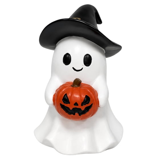 Resin Ghost Pumpkin Ornament, 5.91 Inch Halloween Witch Hat Figurine, Hand-Painted Spooky Tabletop Statue for Mantel Shelf Decor