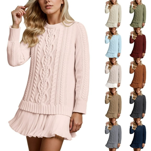 MuXiKeJi Clothes Women Cable Knit Sweater Dress Crewneck Long Sleeve Pleated Mini Dress Twofer Style Patchwork Dress,Fall Sweater Dresses for Women 2025