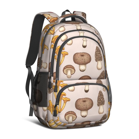 Mushroom and Morel Beige Pattern Backpack for School, Cute School Bag with Adjustable Shoulder Straps and Padded Back, 16.9"x12.6"x5.9"