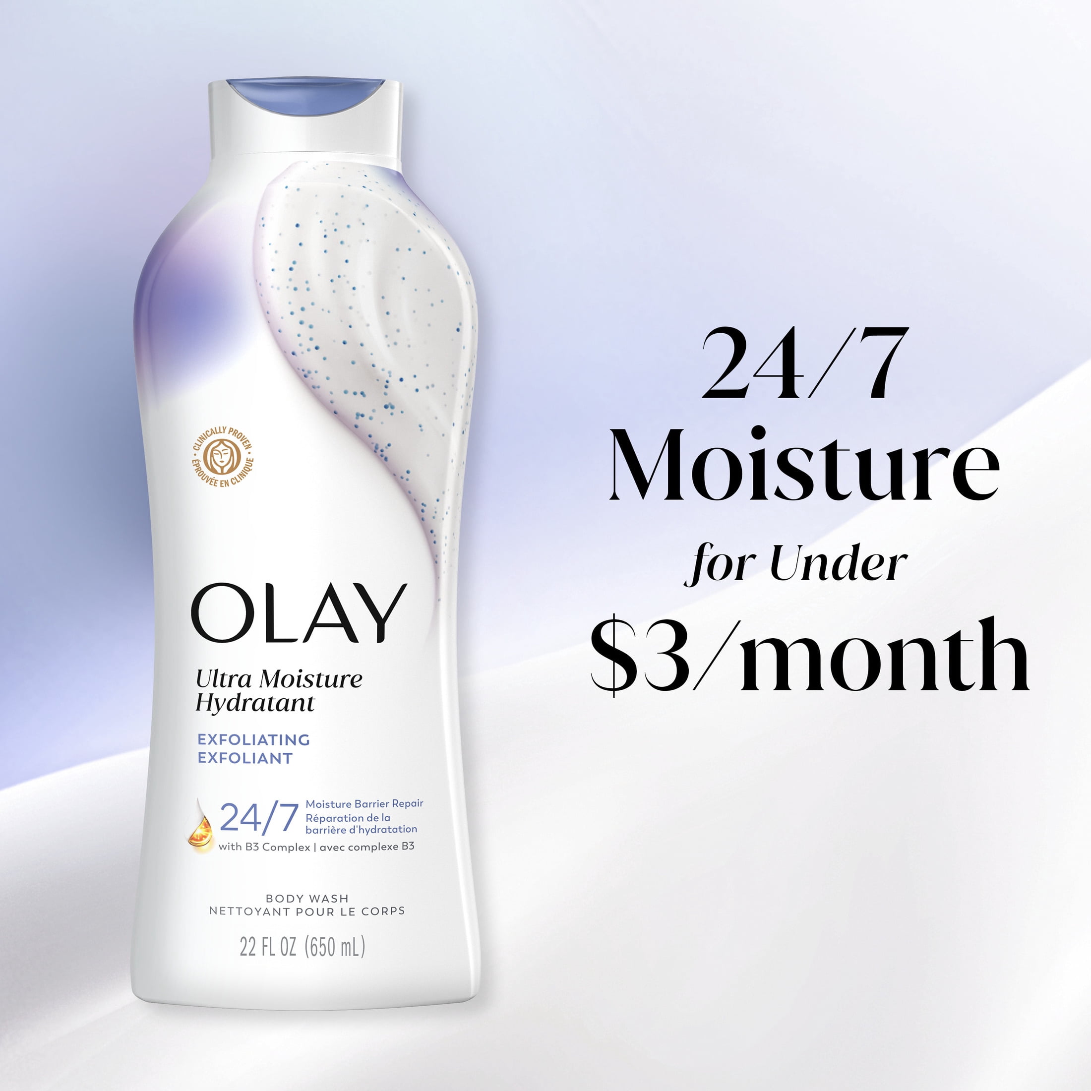 Olay Ultra Moisture Body Wash, Exfoliating, Vitamin B3 & Hyaluronic Blend, 22 FL OZ