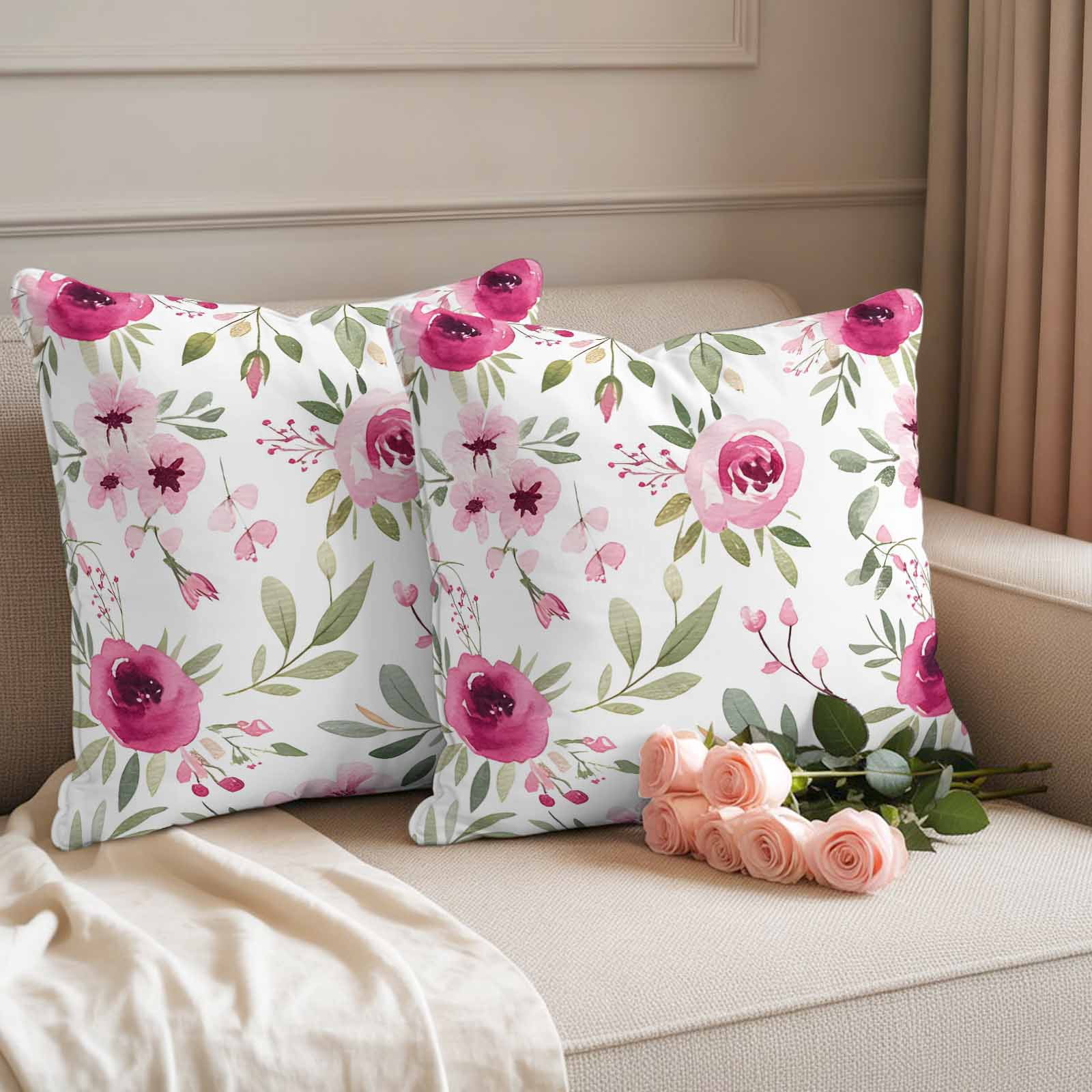 Outdoor Waterproof Throw Pillow Covers Set of 2 Pink Flowers Decorative Pillowcases Square Outdoor Pillows Cushion Case 18x18 Inch Floral Leaves Plant Patio Pillows for Couch Sofa Bed Garden