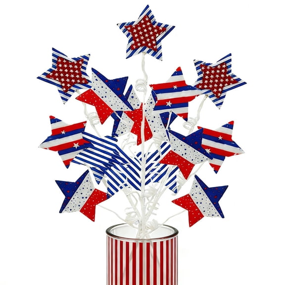 Hyknon 4th of July Flag Star Pick Stems, Patriotic Red White Blue Star Spray Pick Floral Spray, 5 Stars Design Independence Day, Memorial Day Vase Filler Flexible Wire Stems, Holiday Vase Decor