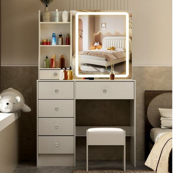 Yamissi White Vanity Desk, Sliding Mirror and LED Lights, Makeup Table Set with Stool & Storage Drawers Shelves for Bedroom