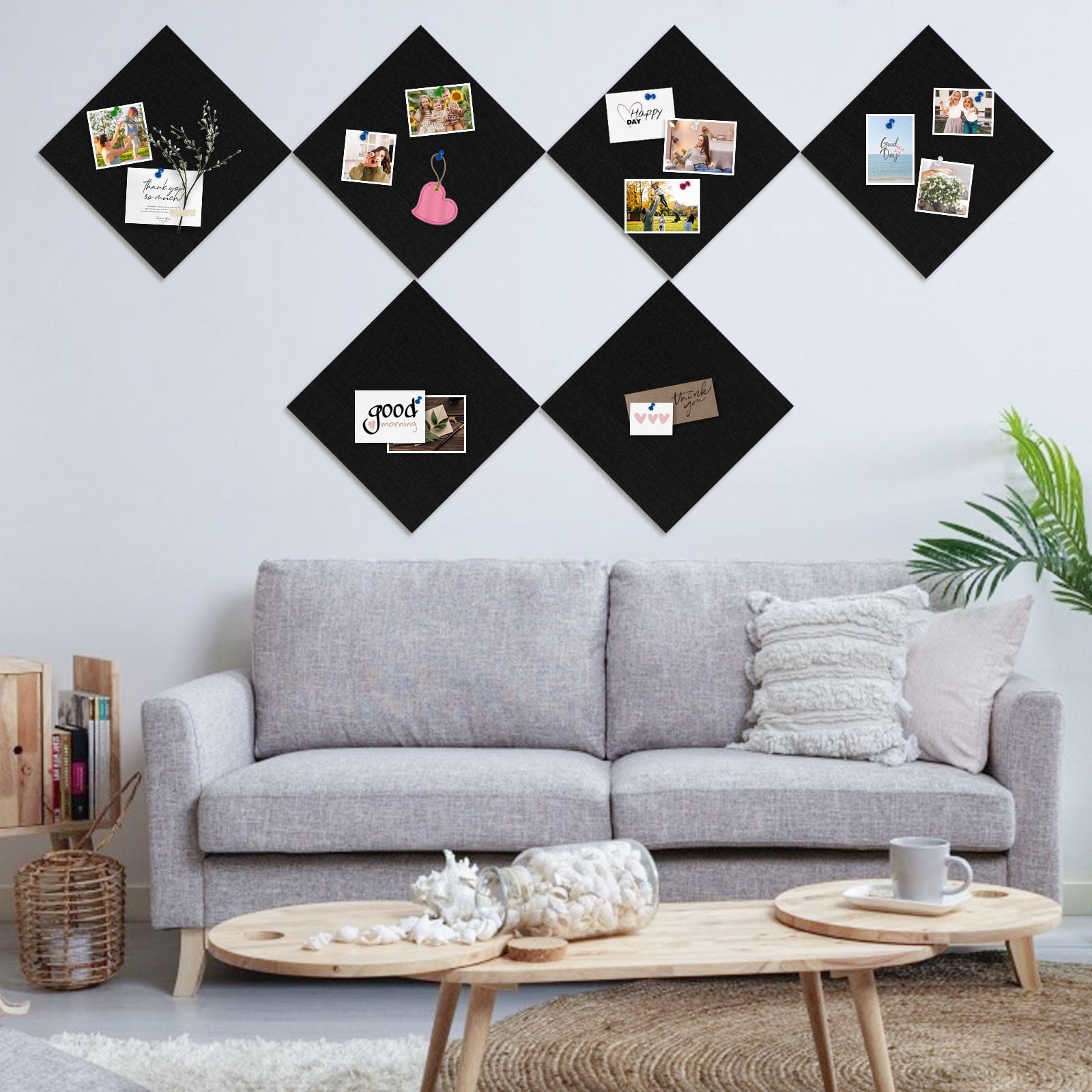 6 Packs Felt Cork Board Tiles 11.8x11.8 Inch, Black Poster Board Cork Bulletin Board Squares Acoustic Panels Soundproof Corkboards for Walls with 60 Pushpins for Home Office Kitchen, Black