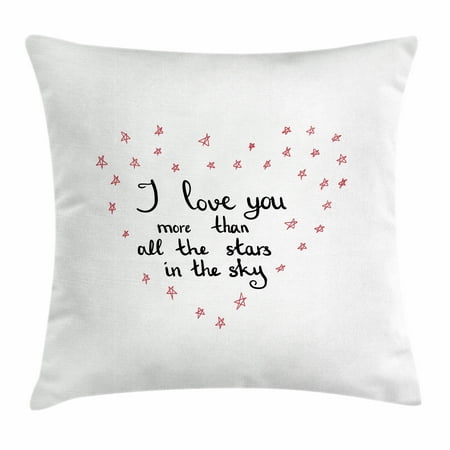 Valentine Love Letters - I Love You More Throw Pillow Cushion Cover, Hand Written Valentine's Day Letters with Stars in Shape of a Heart, Decorative Square Accent Pillow Case, 16 X 16 Inches, Red Grey White, by Ambesonne