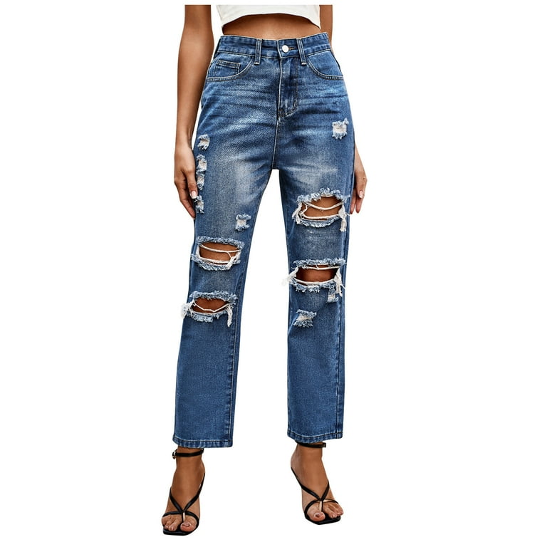 SELONE Denim Jeans for Women Trendy With Pockets Denim Ripped Summer Long  Pant Straight Leg Fashion Button Zipper Mid Waist Full Length Pants for
