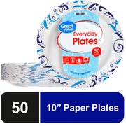 Great Value Everyday Strong, Soak Proof, Microwave Safe, Disposable Paper Plates, 10 in, Patterned, 50 Count