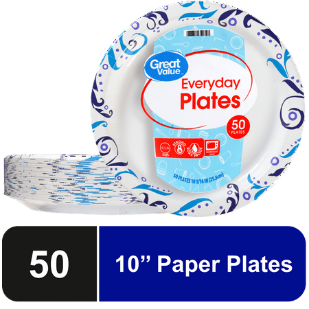 Great Value Everyday Strong, Soak Proof, Microwave Safe, Disposable Paper Plates, 10 in, Patterned, 50 Count