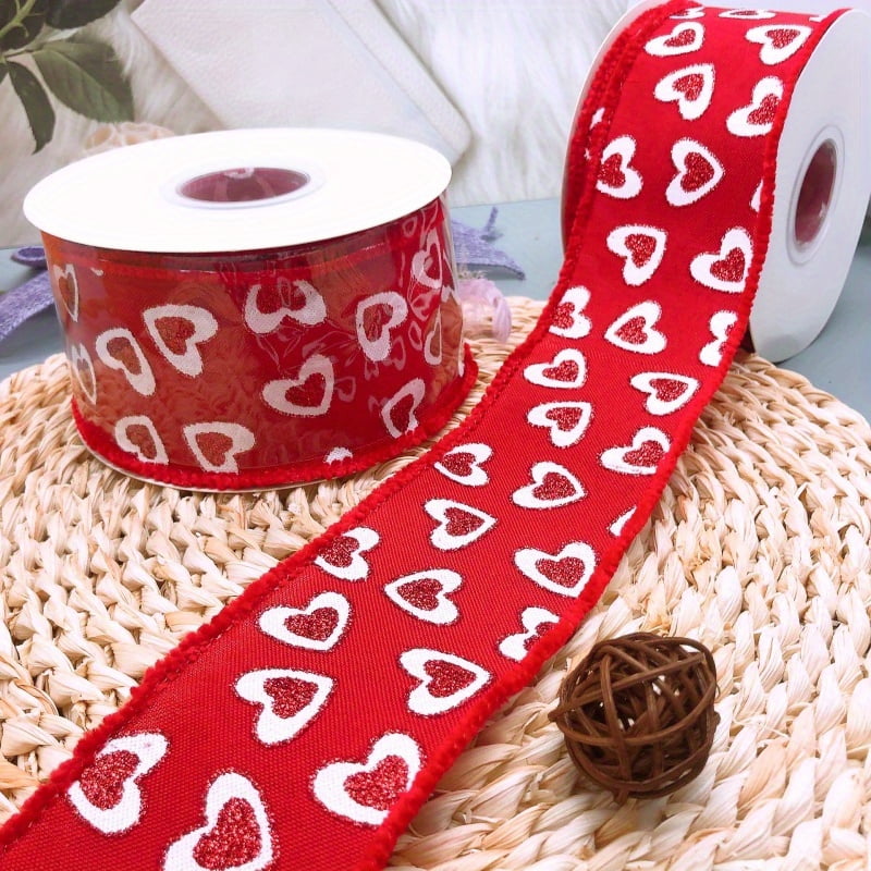 3 Rolls Valentine's Day Red Heart Ribbon, Each 2.5" X 10 Yard, Wired Heart Pattern Packaging Tape for Wreath Bow Wrapping Gifts & Party Supplies, Wedding Decorations