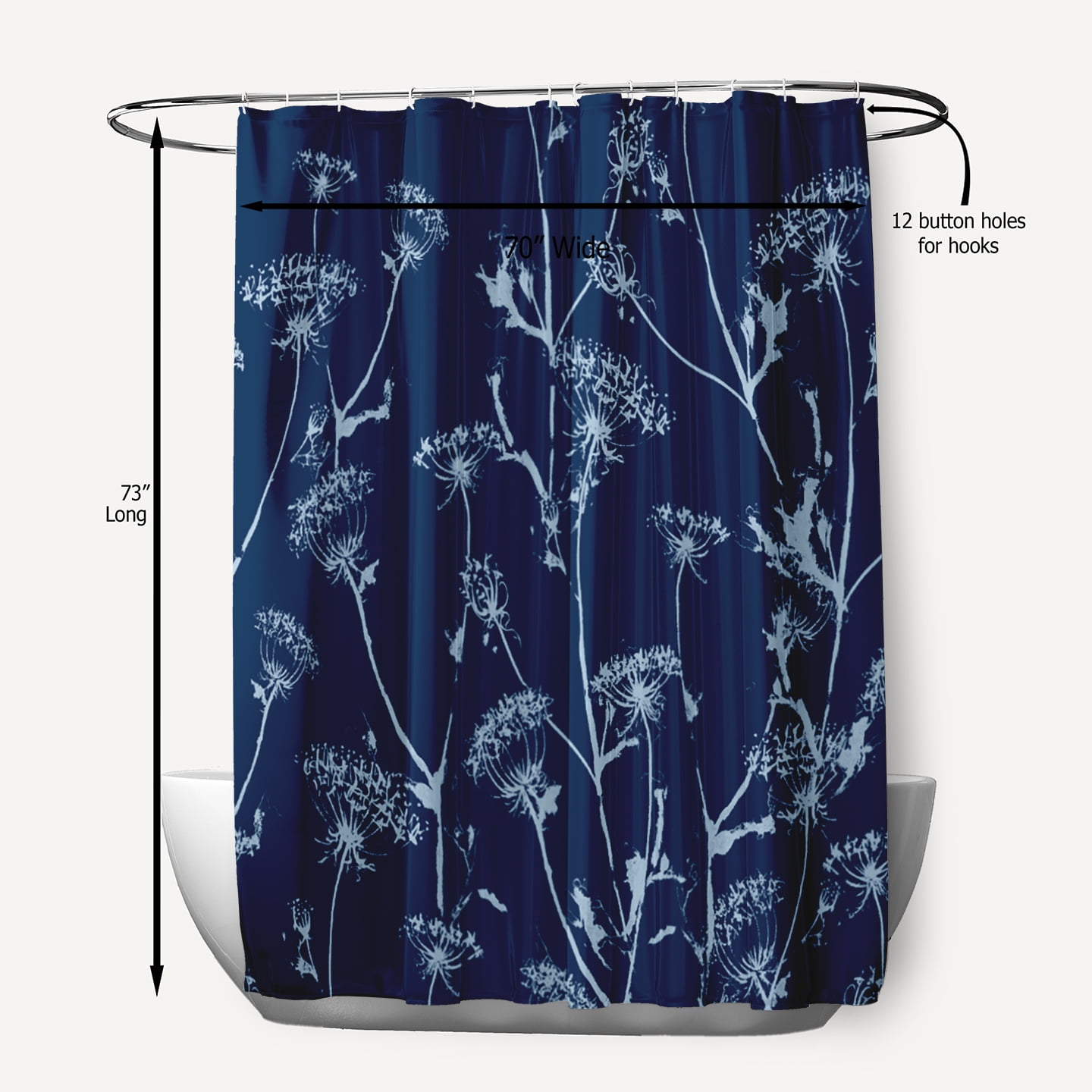 Simply Daisy 70" W x 73" L Windy Blossom Polyester Shower Curtain, Navy [1 Ct]