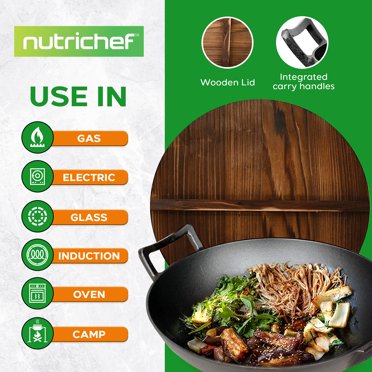 NutriChef Cast Iron Wok With Wooden Lid - Pre-Seasoned 12" Stir Fry Pan For All Stovetops Including Induction, 5.8 Qt Family-Size