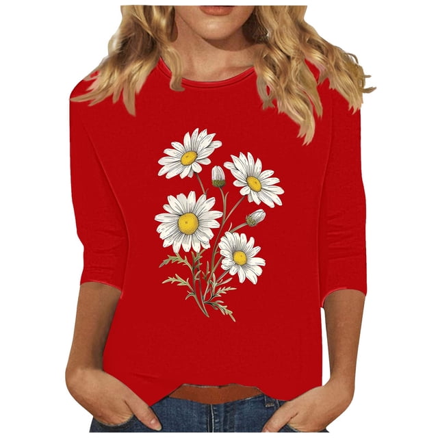 Tnhcen Chemises à Manches 3/4 Col Rond Imprimé Floral Automne pour Femmes - Basiques Décontractés Grande Taille P-3TG