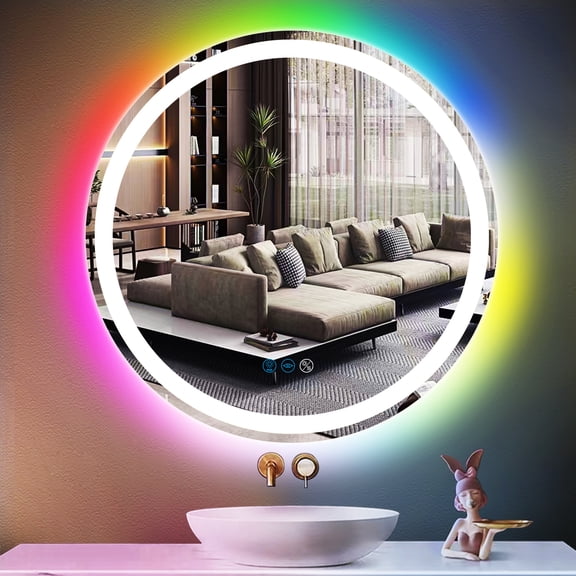 Bathroom Led Circle 24" Vanity Mirror with Lights Front Light RGB Rainbow Color Changing Backlit Dimmable AntiFog 3Color Round Lighted Vanity Mirror for Bathroom Wall Smart Light up Round Mirror