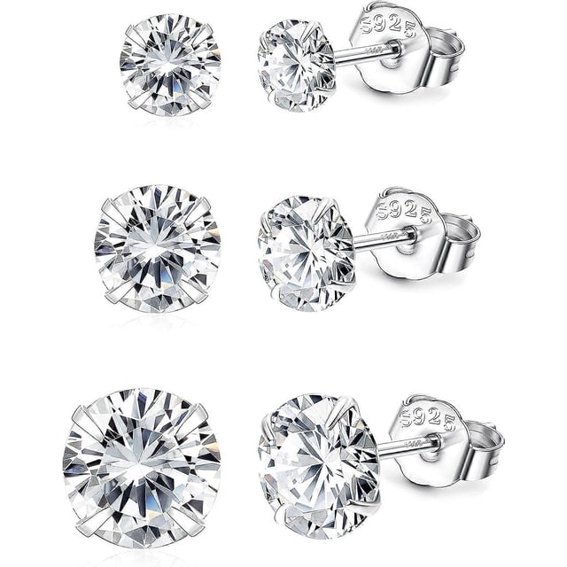 925 Sterling Silver Stud Earrings 3Pairs Stud Earrings for Women Men with Zircon Gift, 4-6MM