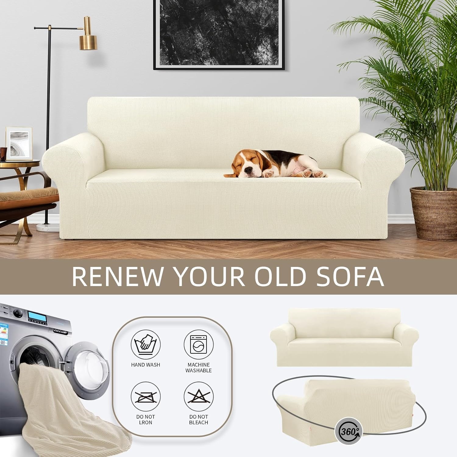 Stretch Sofa Cover Slipcover ，Couch Covers for 3 Cushion Couch Sofa pet Friendly (78"-94") Furniture Protector Sofa with Elastic Bottom, Jacquard Small Checked(Large,Beige)