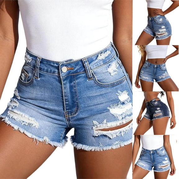 ClodeEU Women's High Waist Distressed Denim Shorts,Frayed Hem Classic Jean Shorts Dark Blue,Women's Plus L