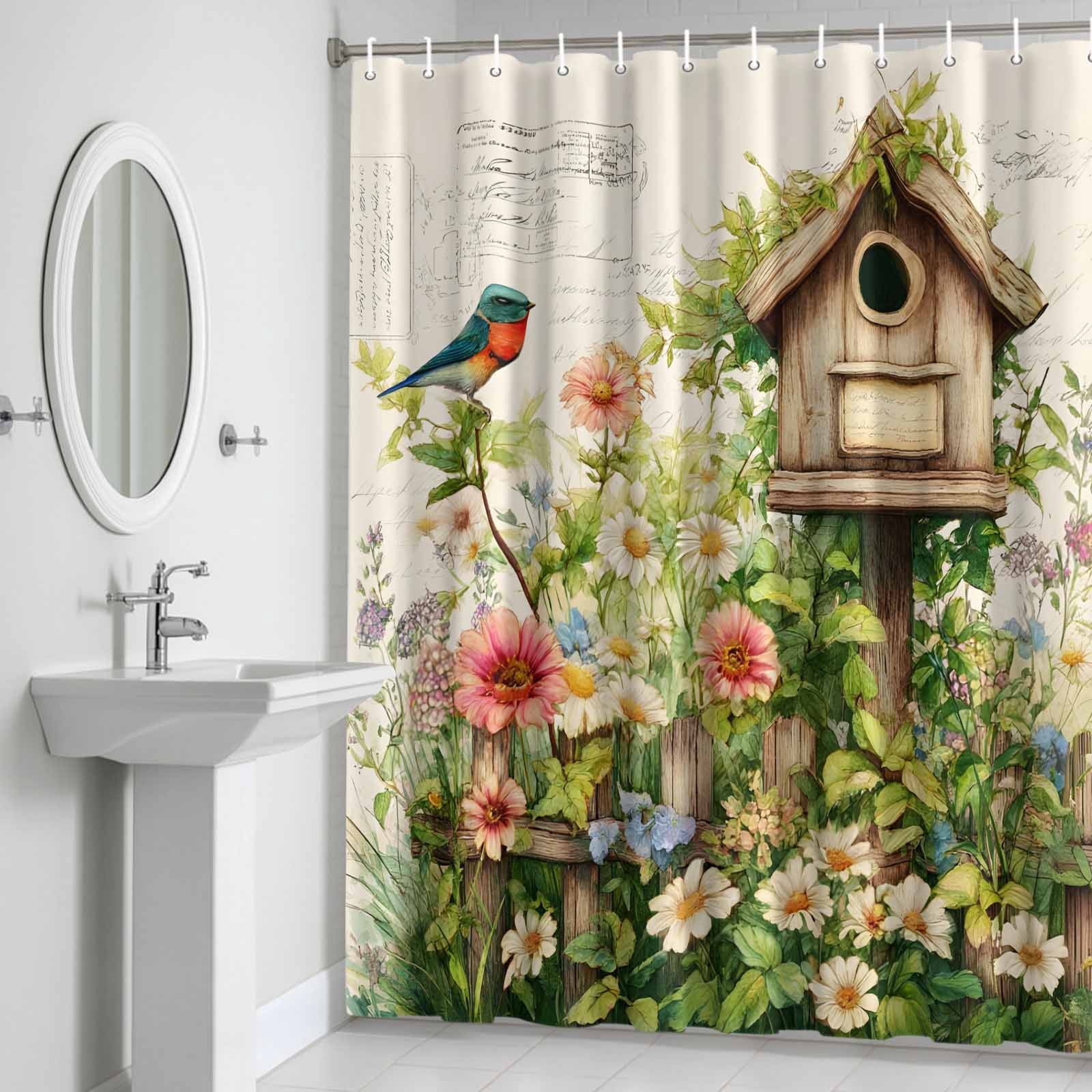 Spring Flowers Shower Curtain for Bathroom, Country Watercolor Bird House Fence White Floral Leaf Beige Waterproof Cloth Fabric Bathroom Accessories Set with 12 Rust Proof Plastic Hooks, 36"x78"
