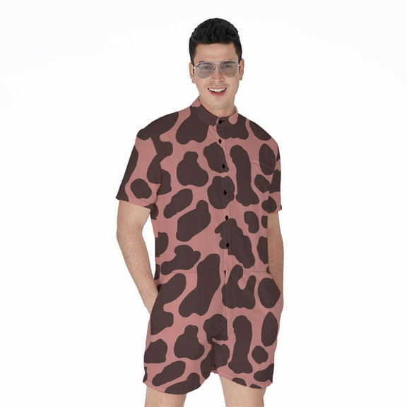 Red Brown Cow Short Sleeve Men'S Rompers, Cow Cattle Casual Summer Jumpsuits Outfit